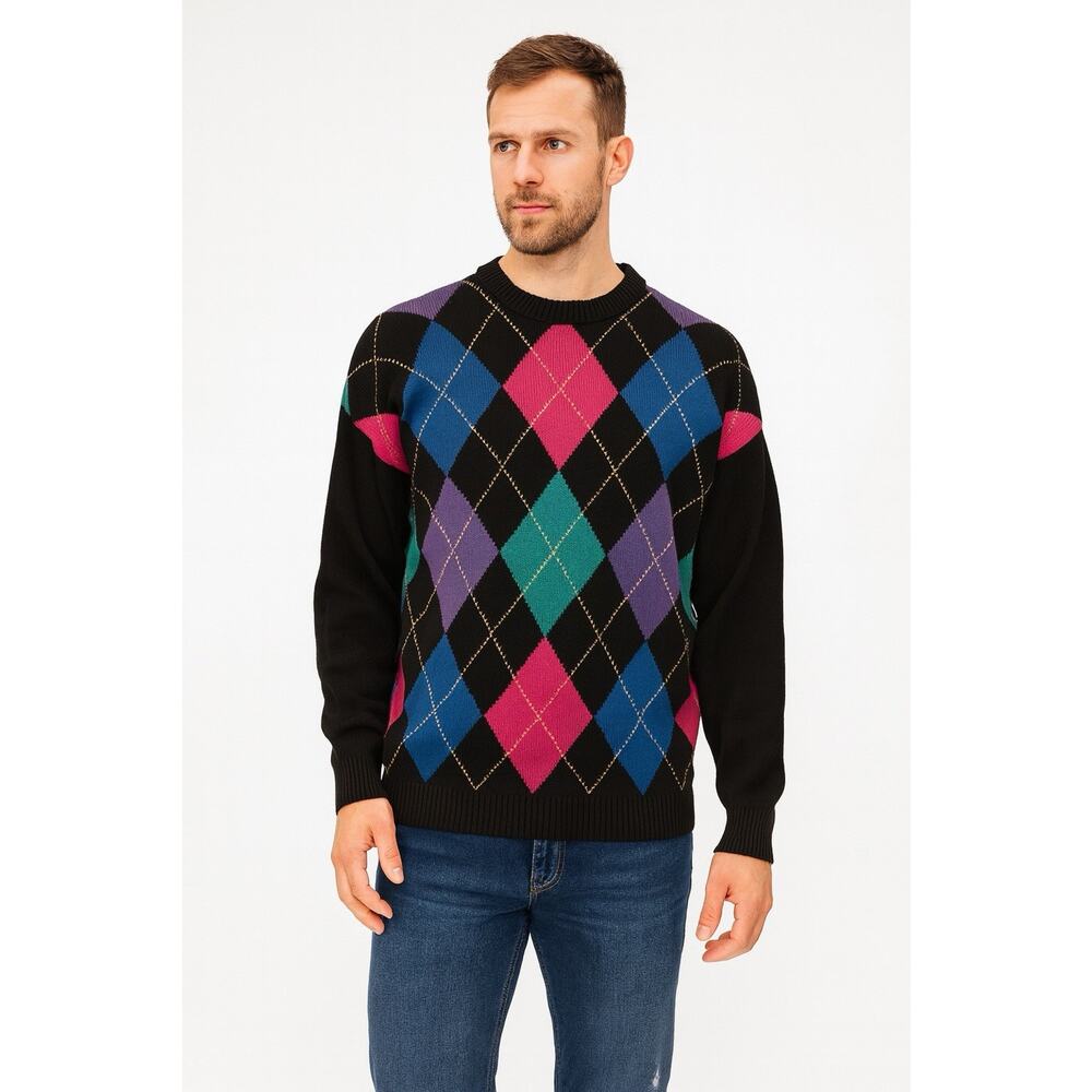 Neiman Marucs Vintage Black Argyle 100% Cotton Sweater Preppy Mens‎ Large
